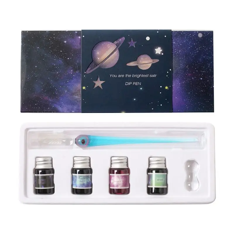 

1 Set Planet Theme Dip Pen 4 Color Ink Kit Glass Painting Pen Student Stationery