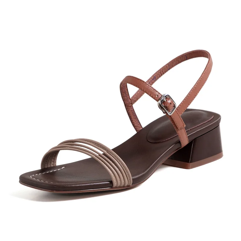 

2021 summer new women's sandals top leather simple middle heel thick heel one line Roman open toe women's shoes