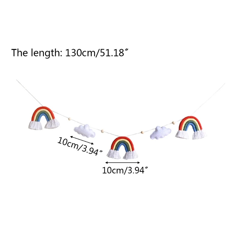 

W3JF Nordic Wooden Beads Garland with Felt Cloud Knitting Wool Rainbow Tassel Pendant Hanging Ornament Photo Shooting Props for