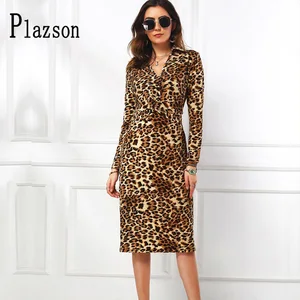 Осенне-зимнее Новое Женское коричневое леопардовое платье, сексуальные вечерние платья средней длины в стиле бохо, 2020, с поясом, с длинным рукавом, офисные женские повседневные платья