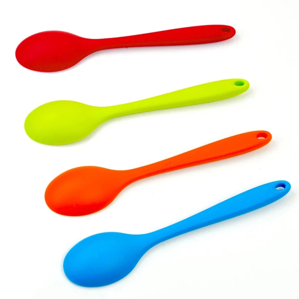 

Food Grade Silicone Long-handled Soup Spoon Solid Color Kids Spoon Kitchen Silicone Spoon Flatware Utensils Accessories NEW