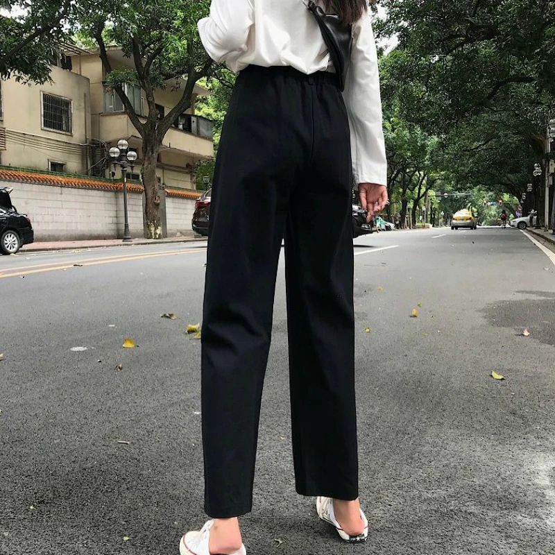 

Casual Pants Women 2020 Summer Ulzzang New High Waist Femme Straight Pant Preppy Daily All-match Full Length Simple Lady Trouser