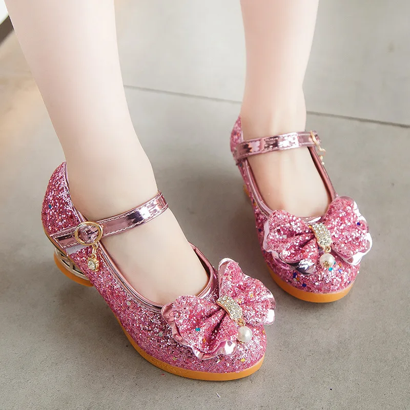 

Princess Kids Leather Shoes for Children High Heel Girls Shoes Butterfly Knot Rose Pink Silver