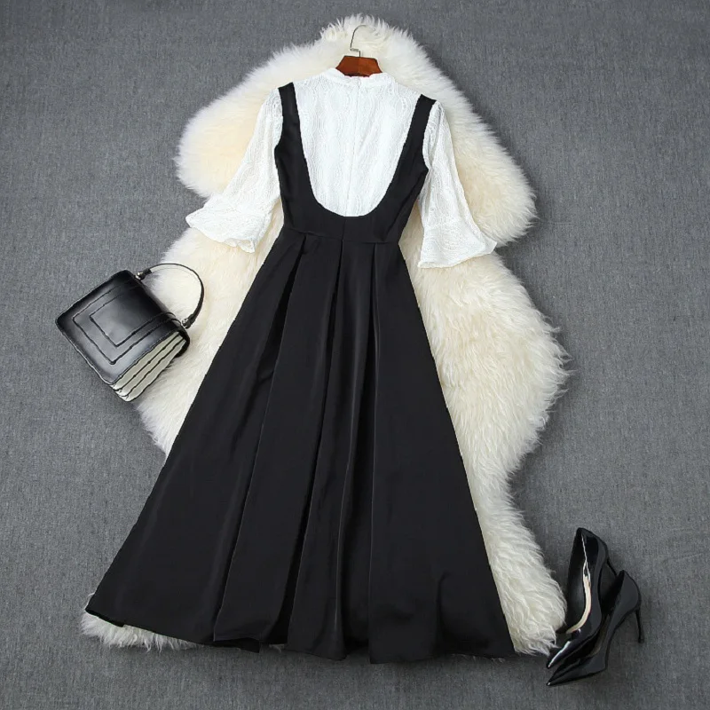 

Dress One Piece 2021 Autumn Fashion Vestidos Women White Lace Patchwork Vintage Buttons Deco Flare Sleeve Mid-Calf Runway Dress