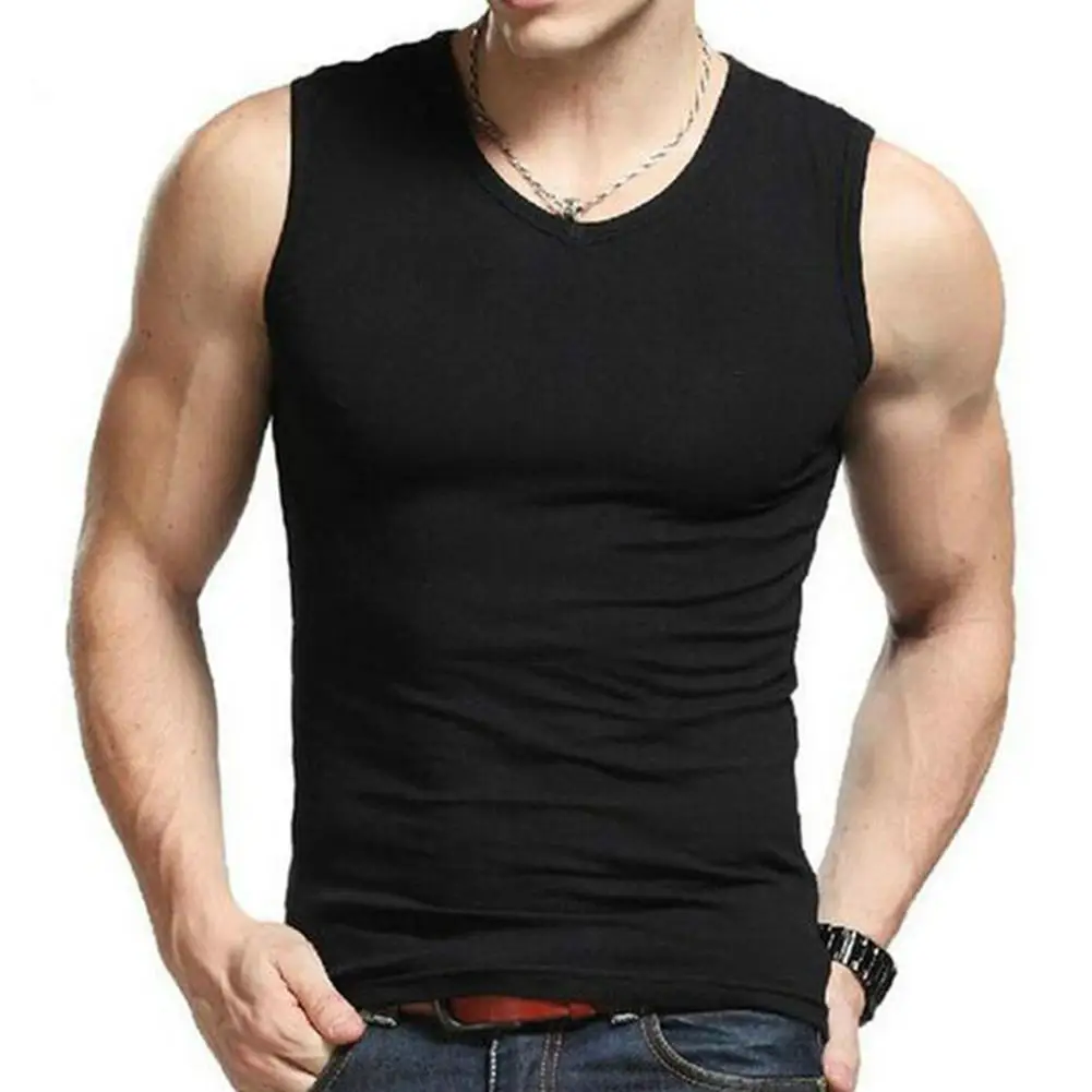 Men Solid Color Sleeveless Round Neck Vest Slim Fitness Fit Tank Top Undershirt round neck 3d tattoo girls print sleeveless men s tank top