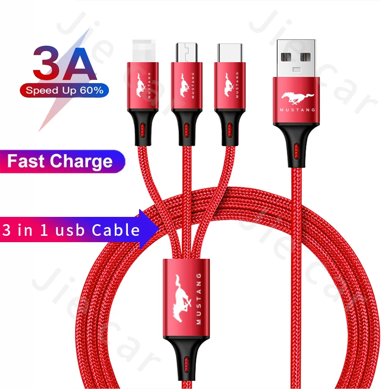 

3 In 1 Mobile Phone 3A Micro USB Type C Charger for Huawei IPhone 11 Pro XR XS Max X Fast Charging for Ford Mustang GT SHELBY