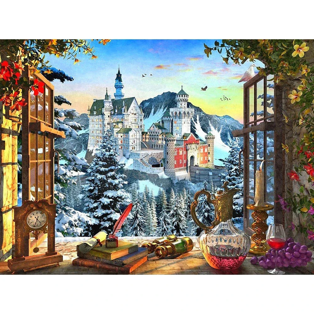 

AMY- 5D Diamond Embroidery Winter New Arrival Full Square Diamond Painting Castle Mosaic Kit Window Landscape Crafts Gift