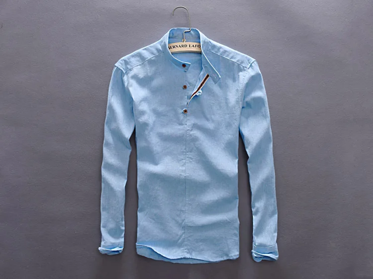 Белая Мужская льняная рубашка с длинными рукавами темно-небесно-голубого цвета