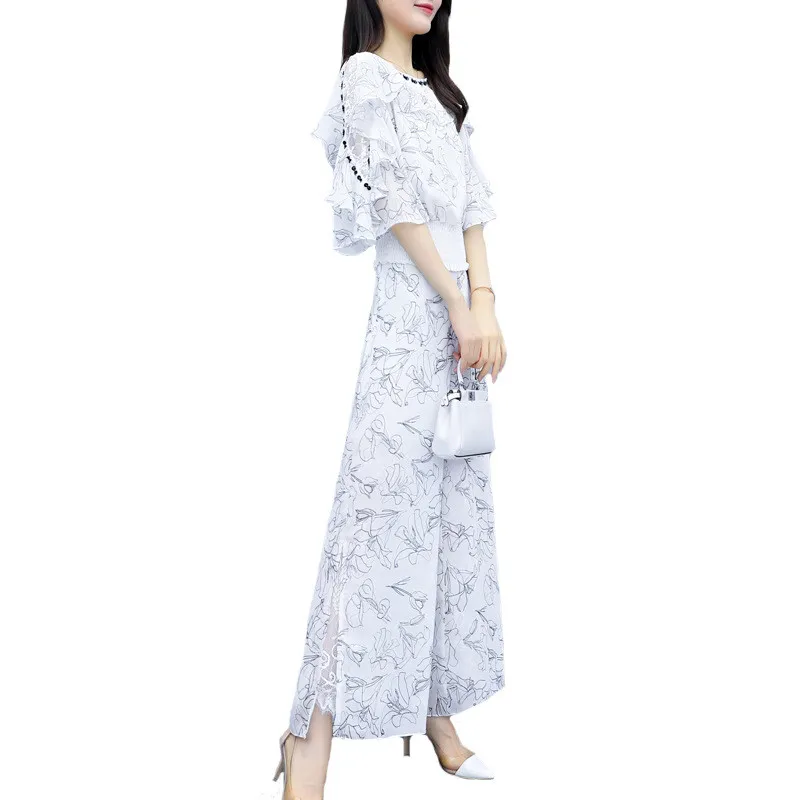 

Summer Tracksuit Women Two Piece Set Print Flare Sleeve Lace Splicing Top And Wide Leg Pants Suits Casual Fashion Chiffon Outfit