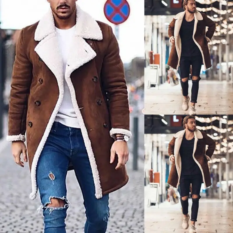 Winter Faux Fur Jacket Mens 4XL Suede Jackets Men Faux Fur Thick Warm Lambswool Suede Jacket  Long Thicken Parka Lot