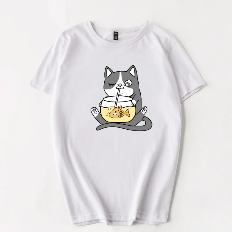 

Cat and Fish Pattern Printed Women T-Shirt 100% Pure Cotton Short Sleeve Crew Neck WOMEN'S Top Casual Clothing