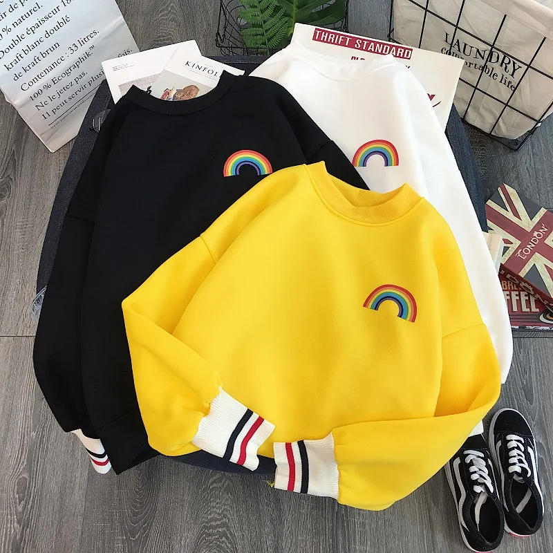 

Spring And Autumn Rainbow Embroidery Fleece Hoodies Women Korean Kawaii Sweatshirts Oversized Hoodie Girls Streetwear