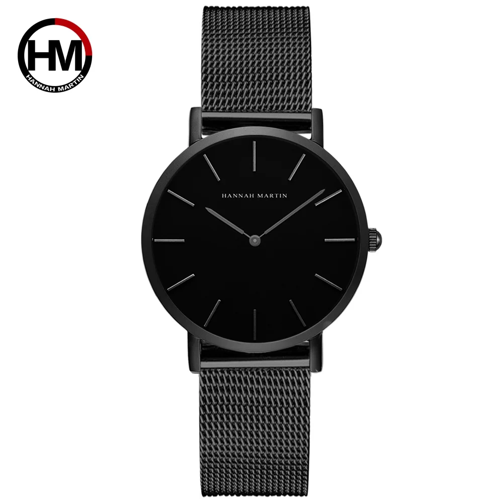 

Hannah Martin Waterproof Japan Quartz Movement Stainless Steel Mesh Band Fashion Male Black Watches For Men Relogio Masculino