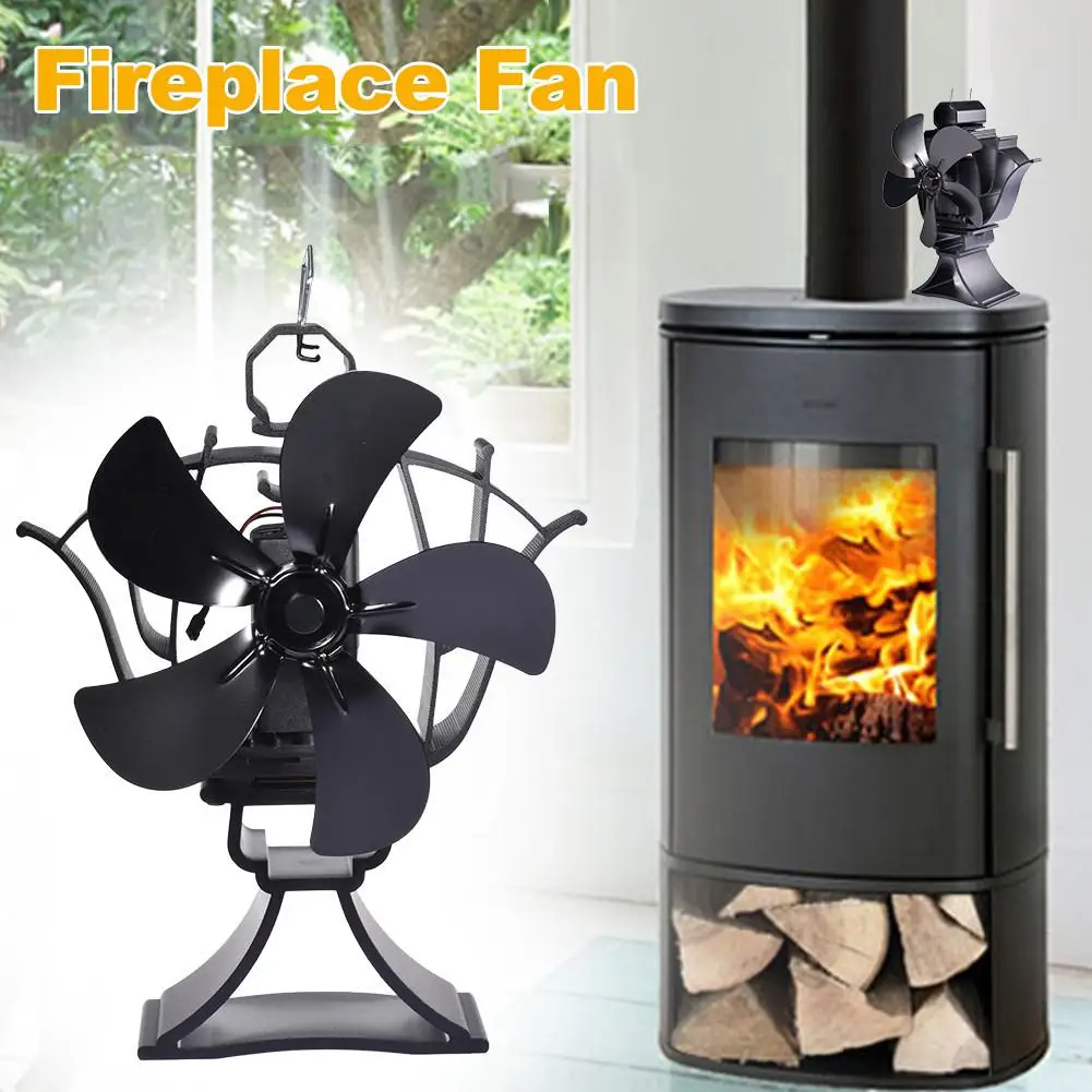 

Black Fireplace 5 Blades Heat Powered Stove Fan Wood Burner And Fireplace Thermometer Home Fireplace Fan High Heat Dissipation