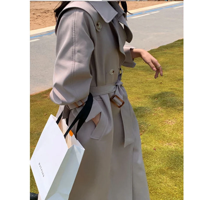 

Korea Runway Design 2021 Fall Autumn Spring Adjustible Waist Pockets Maxi Long Trench Coat Belt Chic Female Windbreaker Classic