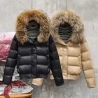 Женская короткая куртка с капюшоном, теплая парка на белом утином пуху с воротником из натурального меха, зимняя куртка, 2021