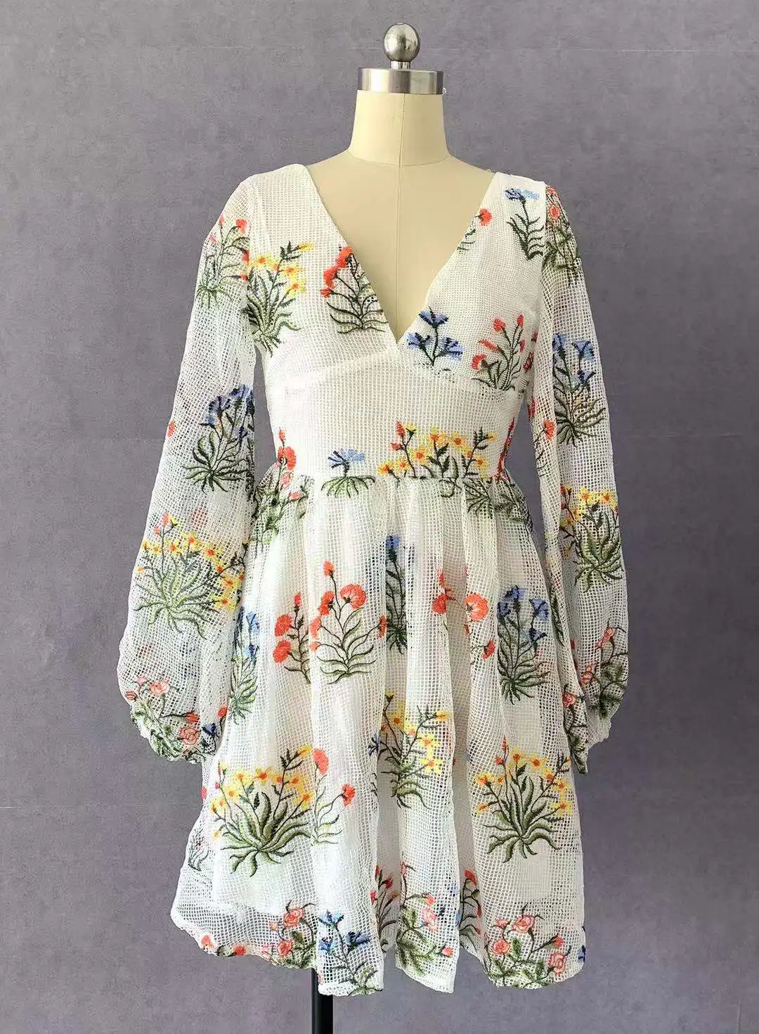 

Party Dresses For Women Clothing 2021 Sexy Deep V Neck Floral Embroidery Mesh Lantern Long Sleeve Vintage Dress Vestidos
