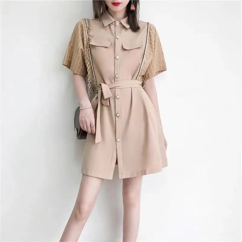 

Office Lady Short Sleeve Casual Business Dress Women's Waist Slimming Oversized Dress 2021 Summer High Waist Loose Dress
