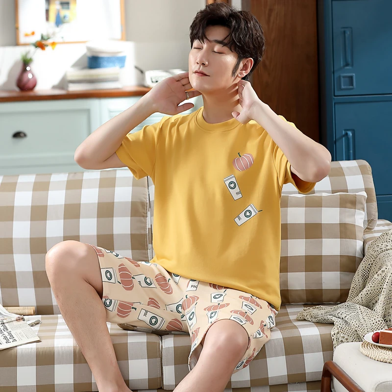 

Пижама Мужская с коротким рукавом и круглым вырезом, модная желтая хлопковая Повседневная Домашняя одежда, простой мультяшный принт, больш...