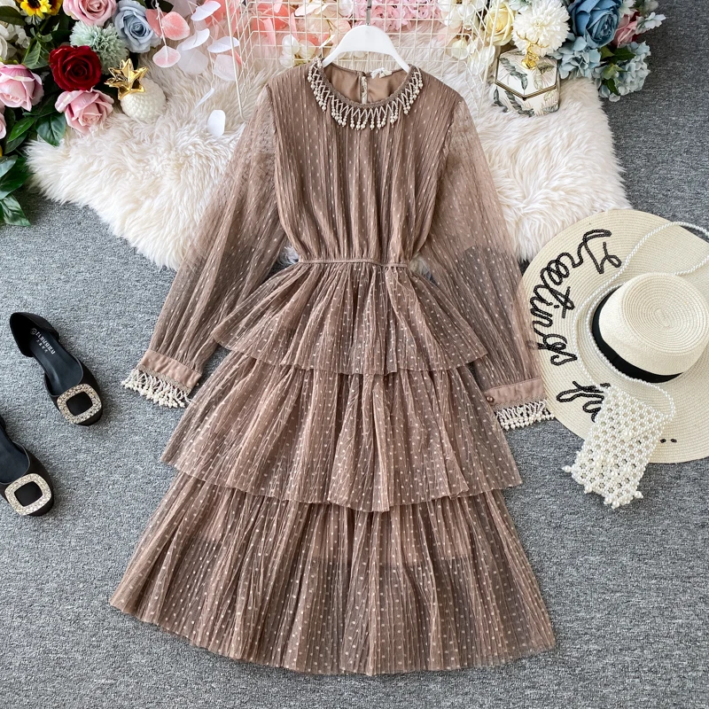 2020 весенне осеннее Новое корейское кружевное газовое платье с длинными рукавами