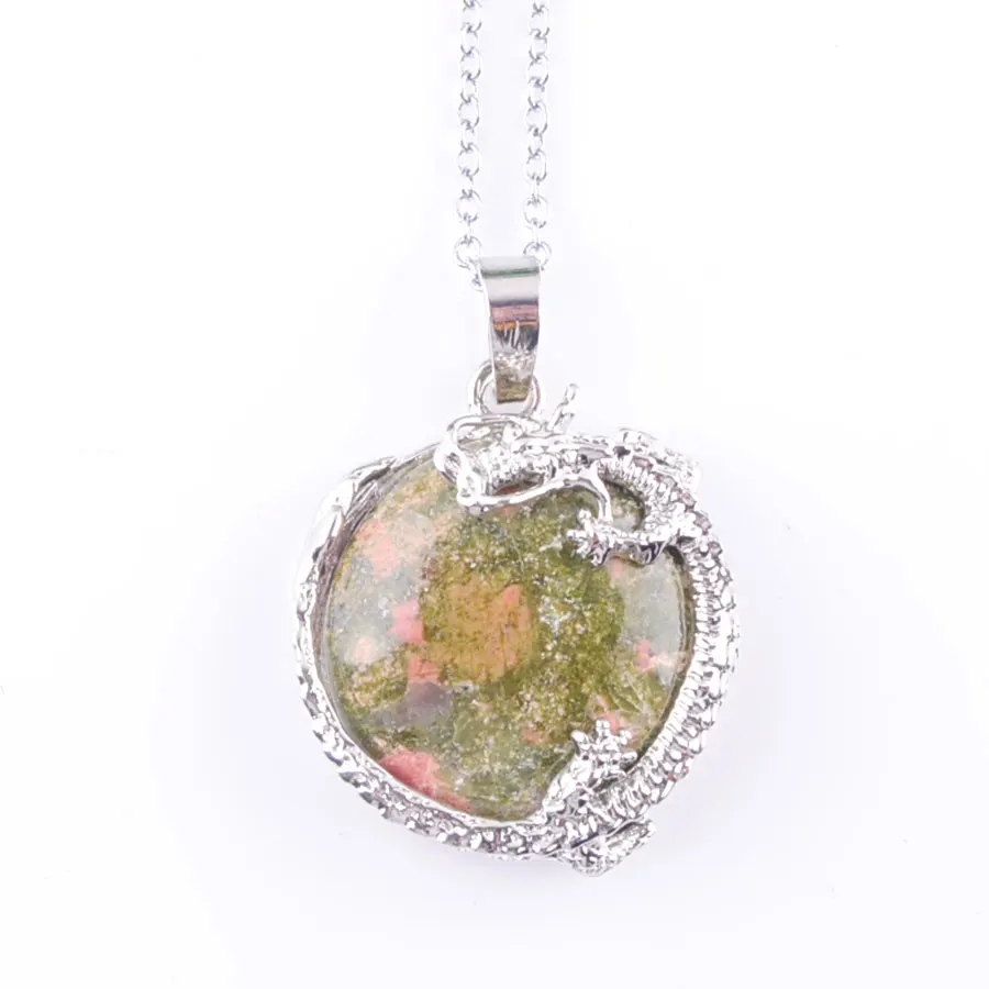 

WOJIAER Natural Stone Unakite Jasper Dragon Around Flat Round Bead Dangle Pendants Necklaces Energy Jewelry N3159