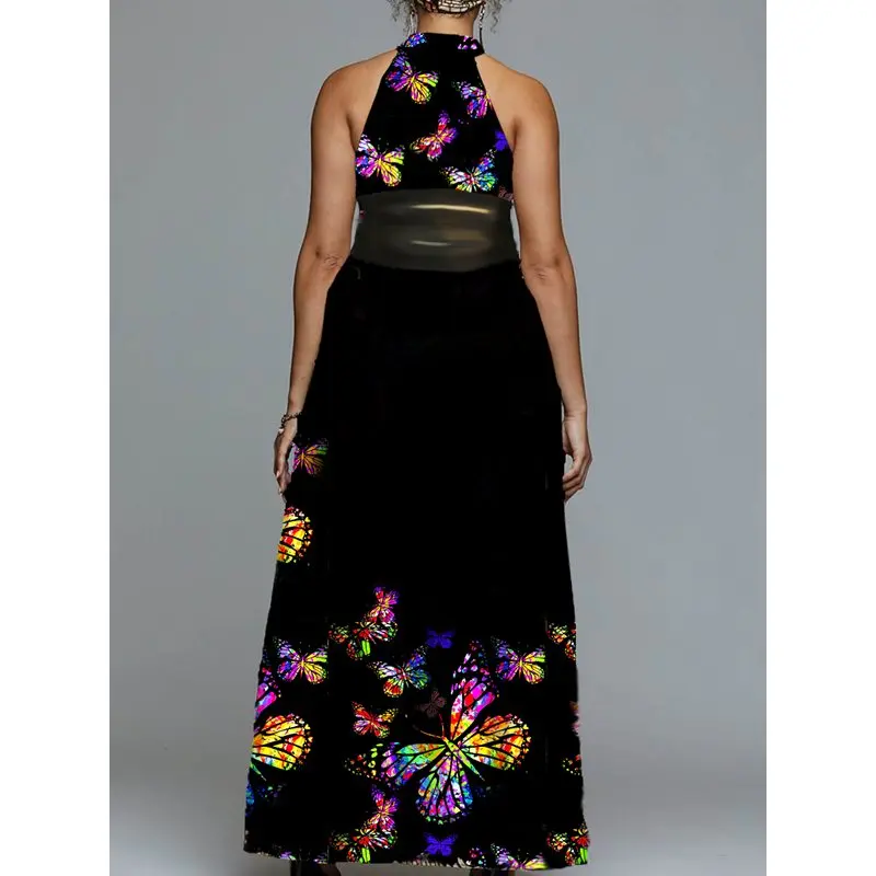 Черные длинные женские платья с лямкой на шее вечерние макси высокой талией