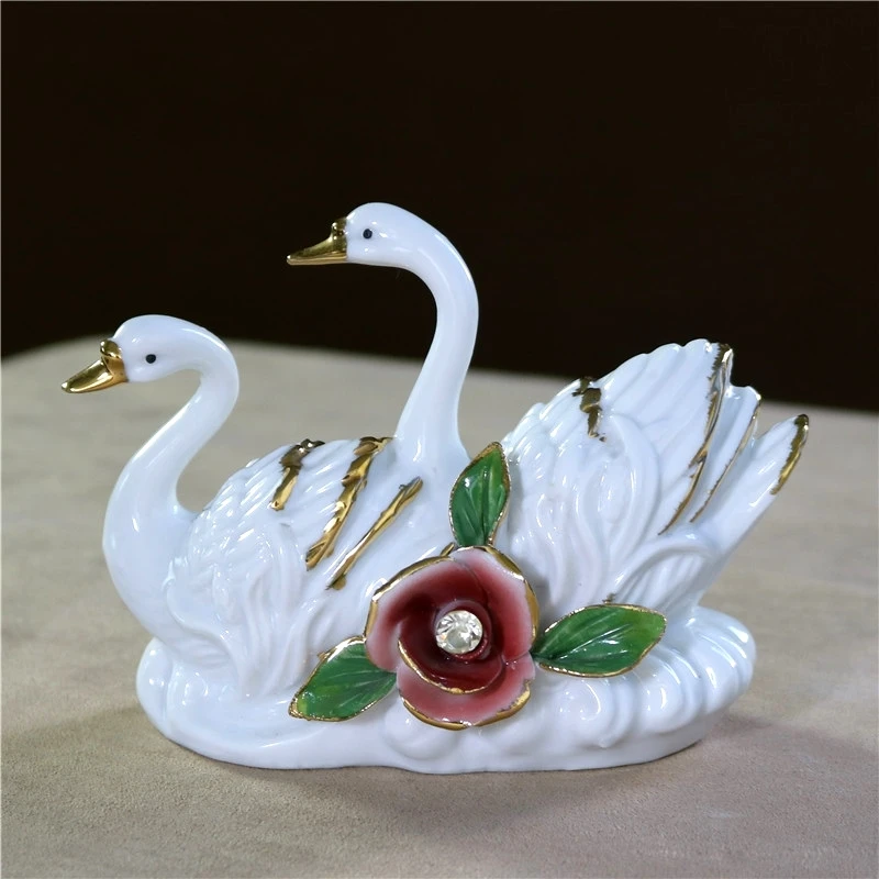 Rhinestone Porcelain Couple Swan Figurine Ceramic Swan Lovers Kiss Miniature Home Decor Handicraft Ornament Souvenir Present