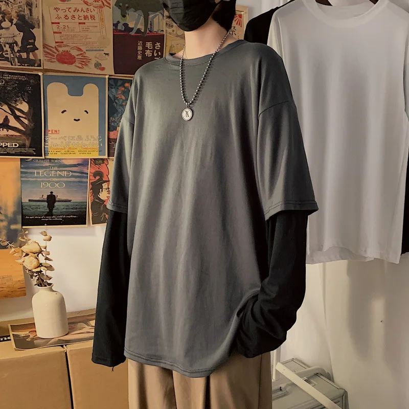 

2020 Spring Autumn Summer Simulate Fake Imitate Two Piece Top Men Women Teens Long Sleeve T Shirt Loose Solid Clothes Tees