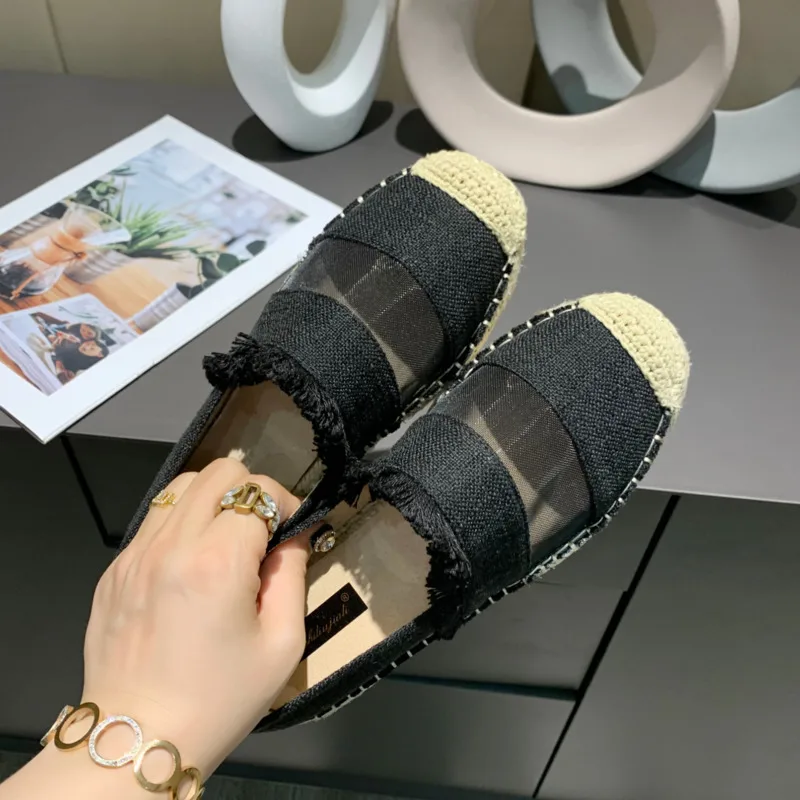 Женские Черные эспадрильи Подошва из пеньки Дизайнерские женские лоферы без