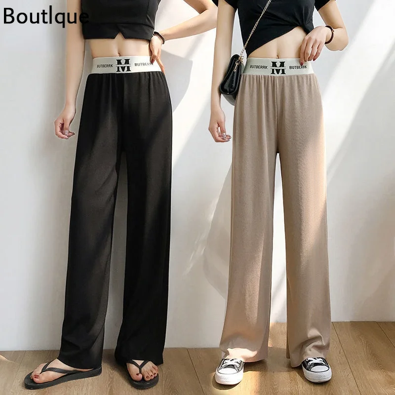 

Ice Silk Wide Leg Pants Women's Casual Summer Thin High Waist Straight Loose Show Big Size Cool Elastic Vintage Streetwear