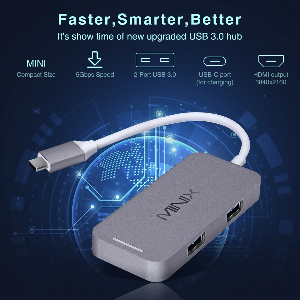 Адаптер MINIX NEO C Mini USB с мультипортами HDMI совместимый UHD (3840x2160) 30 Гц USB3.0 серый