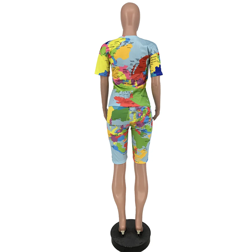 

World Map Print Bodycon Two Piece Set Women's Tracksuit Short Sleeve Slim Fit T-shirt and Bandage Shorts Casual Fitness Outfits