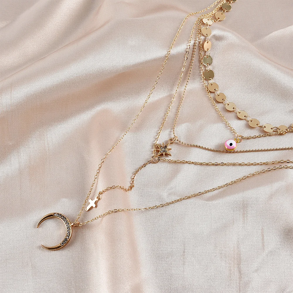 Ожерелье женское многослойное с подвеской в стиле бохо кулон кристаллами