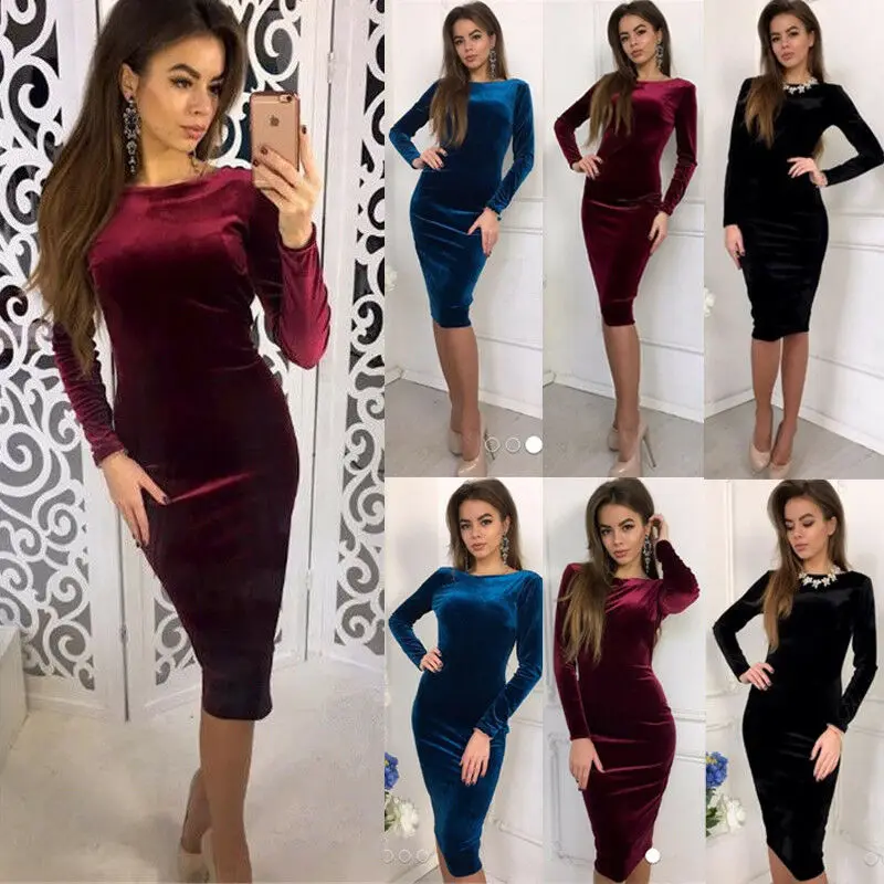 Женское Бархатное облегающее платье с длинными рукавами для вечеринки узкое