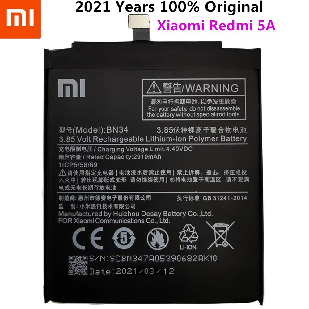 

Xiao Mi Original Phone Battery BN34 for Xiaomi Redmi 5A 5.0" Replacement Battery 2910mAh High Capacity Phone Batteries