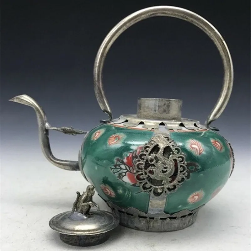 

Collection China Tibet Silver Hand-Carved Animal Monkey Armor Porcelain Teapot Collection Ornaments Statues for Decoration