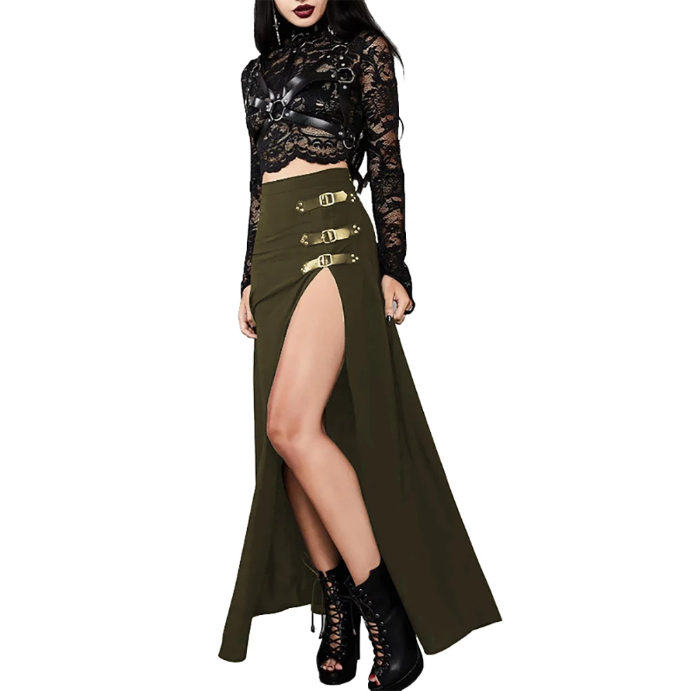 Готическая Женская однотонная длинная юбка до щиколотки с разрезом сбоку и