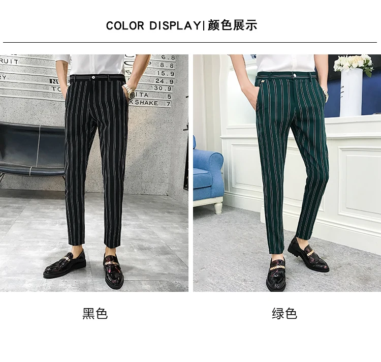 Autumn Stripe Men Dress Pants Black Green Mens Pants Fashions Streetwear Men Skinny Fit Men Trousers Pantalones Hombre