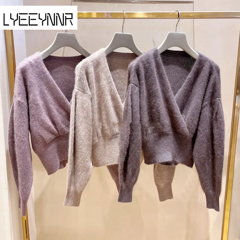 

Пуловер женский с V-образным вырезом, однотонный приталенный Модный милый свитер в японском стиле, с длинным рукавом, Осень-зима