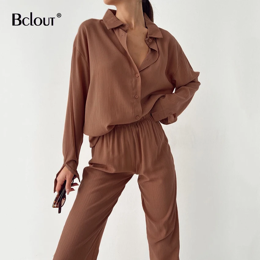 

Bclout весенние однотонные прямые брючные костюмы плиссированные рубашки с длинным рукавом Повседневные брюки с эластичным поясом женский ко...