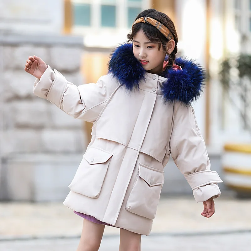 

Winter Coats Children Girls Mid Long Hoodie White Baby Girl Snowsuit Lolita Fur Thickened Down Jacket Girls Winter