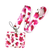 red flowers lanyard credit card id holder bag student women travel card cover badge car keychain decorations