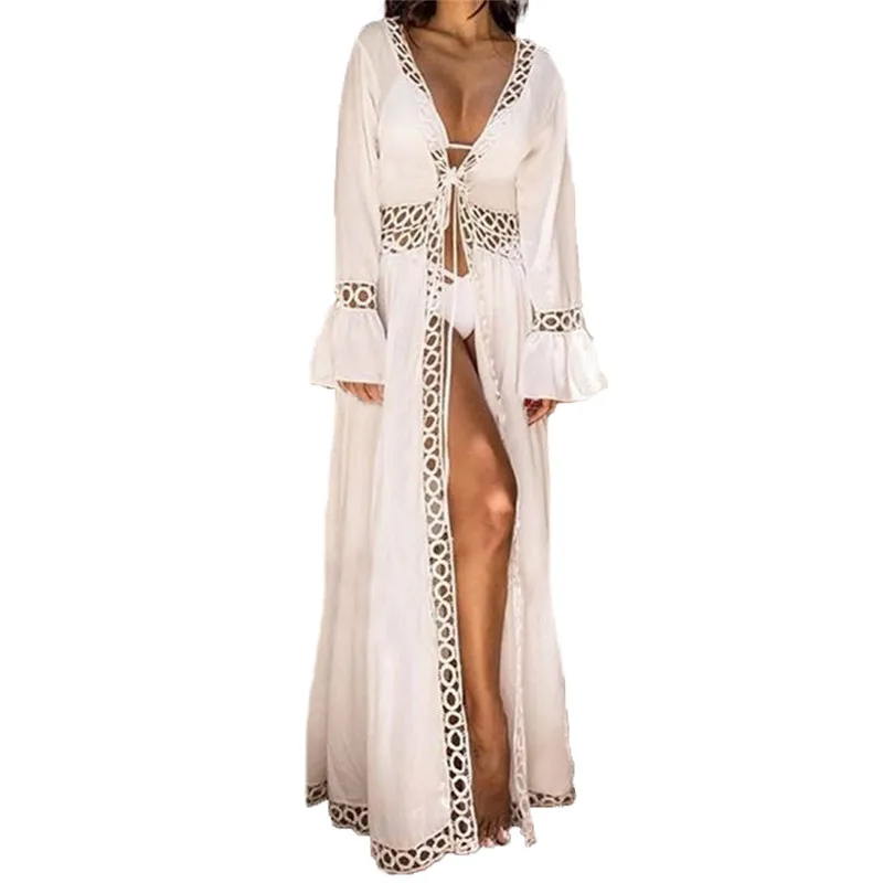 

Fashion Casual Loose Solid White Beach Dress Women Beach Bikini Cover up Swim Long Sleeve Sarong Beachwear Dress Summer Clothes