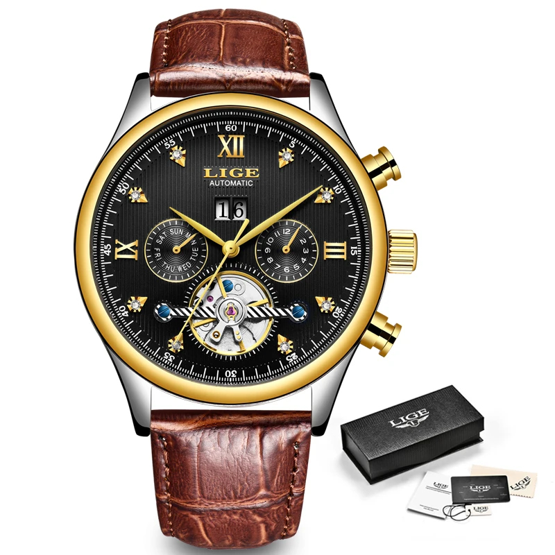 LIGE Брендовые мужские часы автоматические механические часы Tourbillon спортивные часы кожаные повседневные деловые часы в ретро-стиле Relojes Hombre