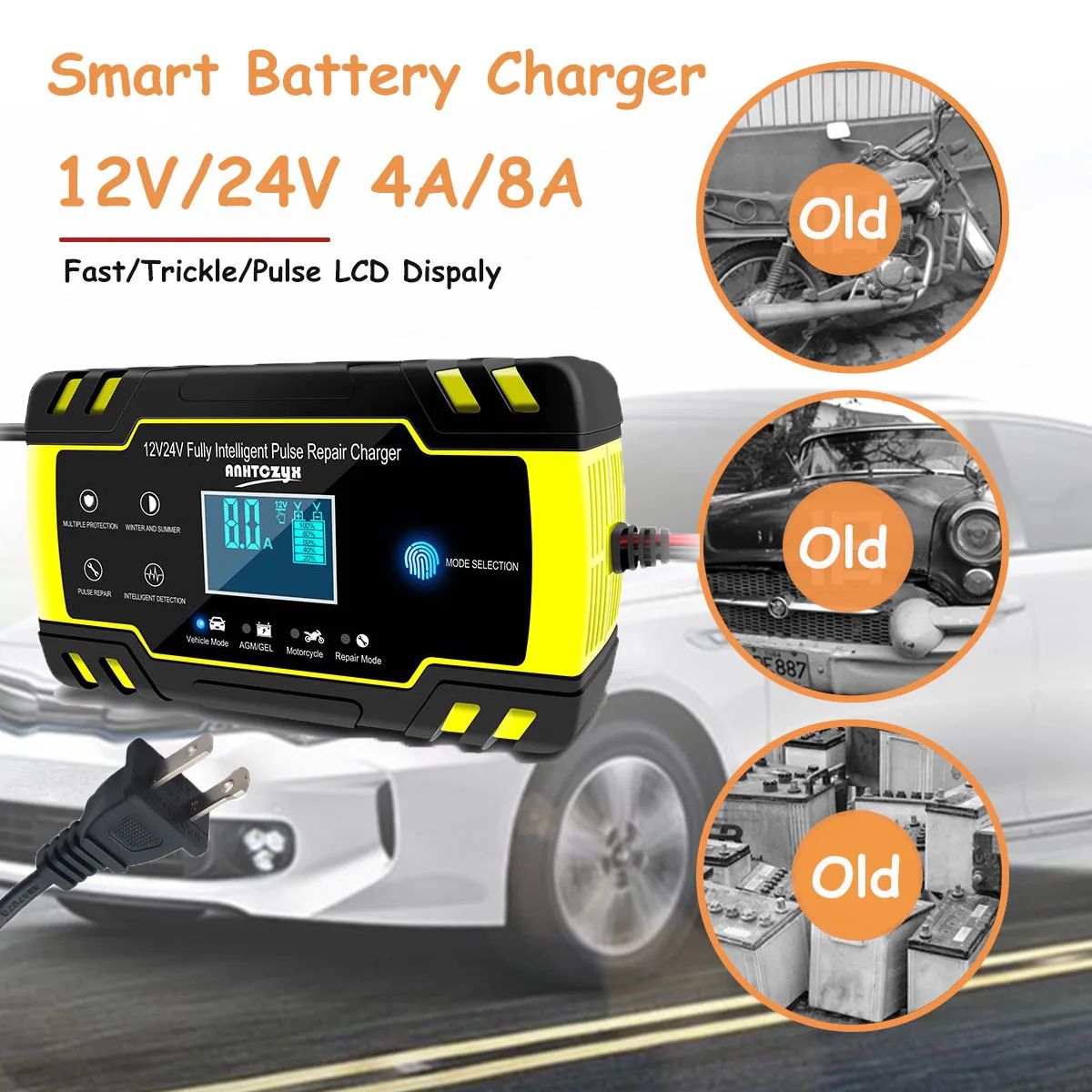 

4A 8 Amp Intelligent Car Battery Charger Pulse Repair Starter 12V/24V AGM/GEL US Plug