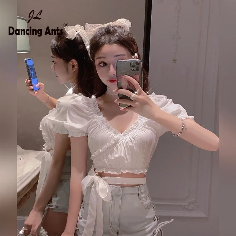 Женские блузы женская блузка с коротким пышным рукавом укороченный топ v