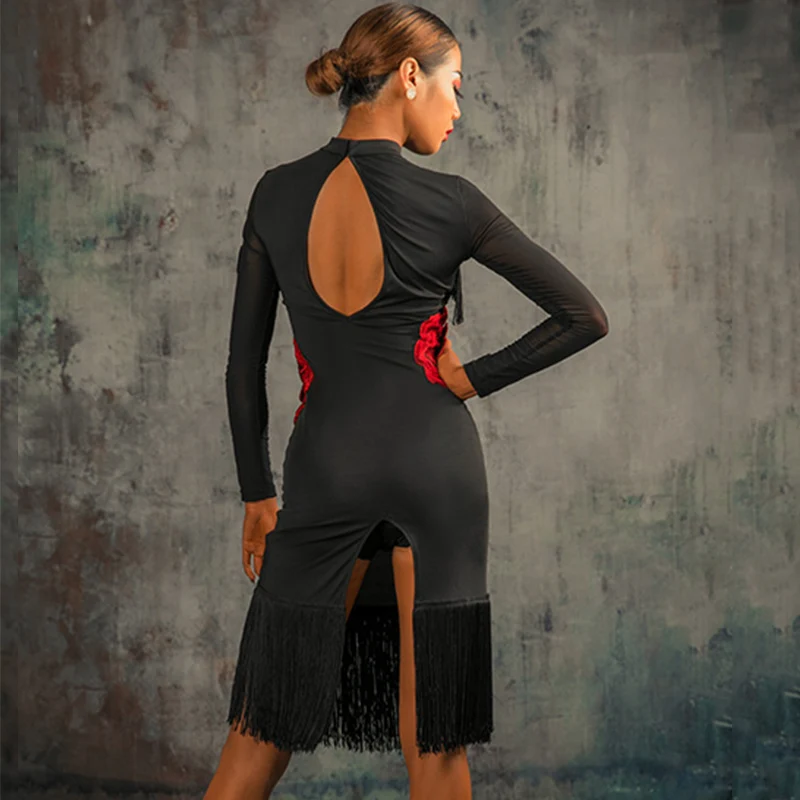 Платье для латинских танцев черное платье без рукавов с принтом розы и