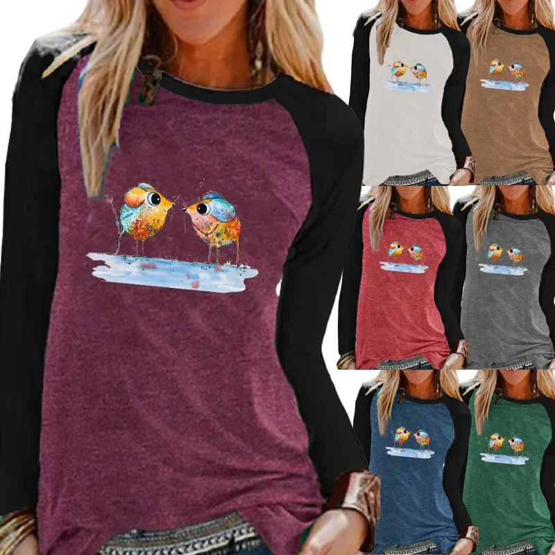 

Женская Осенняя Модная Повседневная рубашка с длинным рукавом, топ, свободная футболка с круглым вырезом, пуловер, свитшот, футболка оверсайз с мультяшным принтом