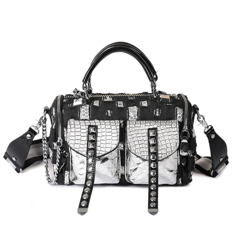 

Women's Classical Handbag High Quality Totes Denim Crossbody Bags Female Rivets Shoulder Purse Ladies Top Handle Bag
