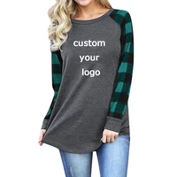 women t shirts custom logo tops bottoming tops plaid printing contrast color stitching round neck loose long sleeved t shirts